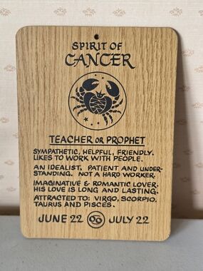 1970's Spirit of Cancer Wood Tarot/Sign Plaque - Natural Wood - Zodiac